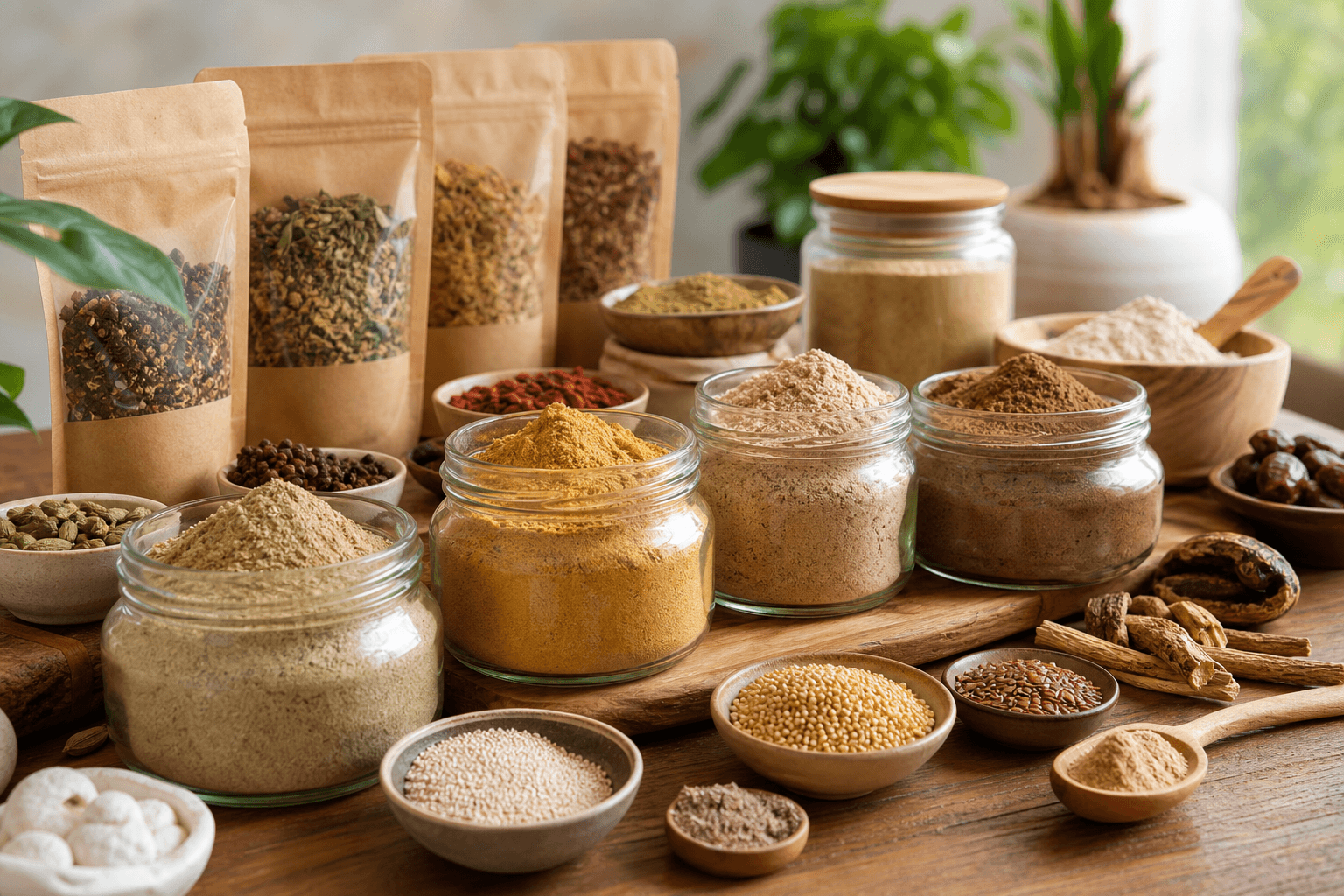 Organic nutrient powders, spice jars, and traditional blend ingredients on display
