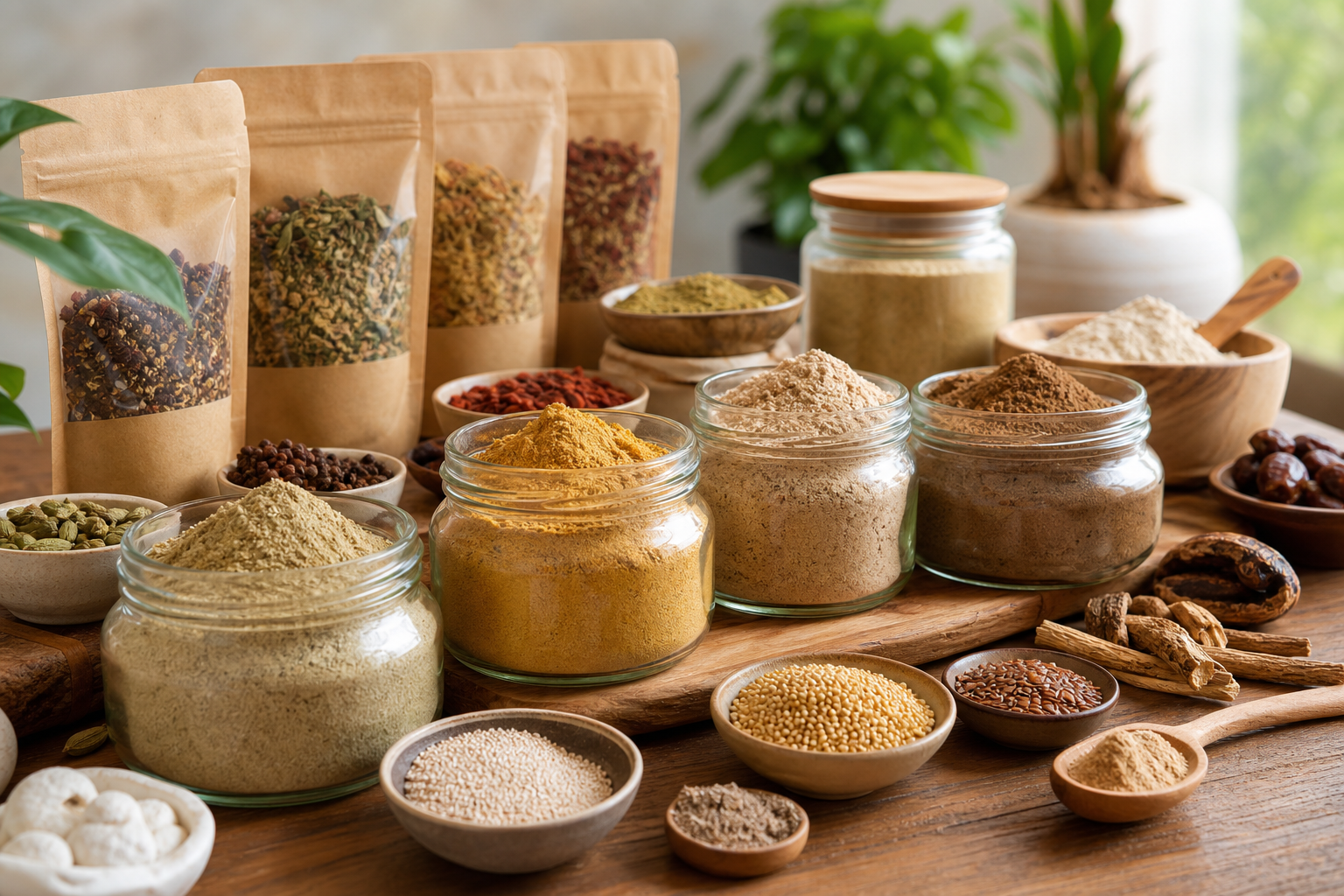 Organic nutrient powders, spice jars, and traditional blend ingredients on display